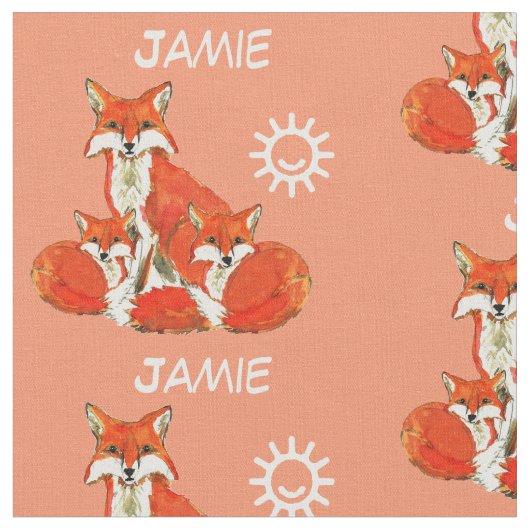 Coral Fox Family Pattern Persoonlijke naam Stof (Close Up)