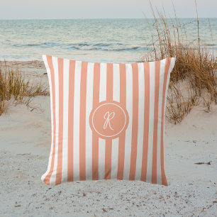 Coral French Beach Stripe Persoonlijk Monogram Buitenkussen