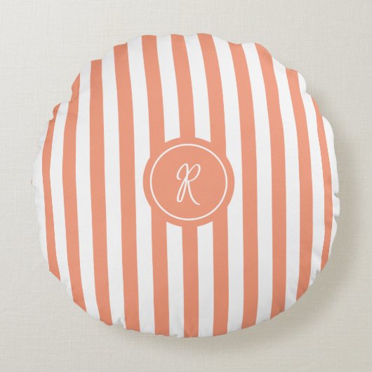 Coral French Beach Stripe Persoonlijk Monogram Rond Kussen (Voorkant)