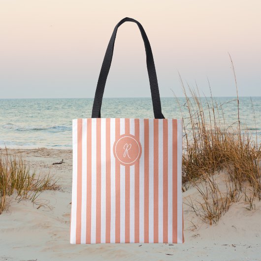 Coral French Beach Stripe Persoonlijk Monogram Tote Bag