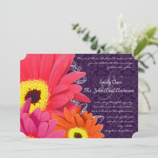 Coral Fuchsia Eggplant Gerber Daisy Wedding Kaart (Staand voorkant)
