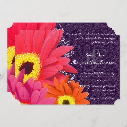 Coral Fuchsia Eggplant Gerber Daisy Wedding Kaart (Voorkant / Achterkant)