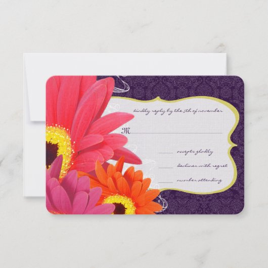 Coral Fuchsia Eggplant Gerber Daisy Wedding RSVP Kaartje (Voorkant)
