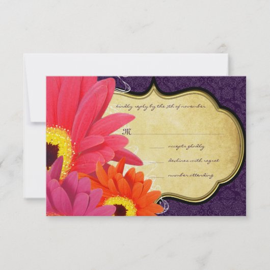 Coral Fuchsia Eggplant Gerber Daisy Wedding RSVP Kaartje (Voorkant)