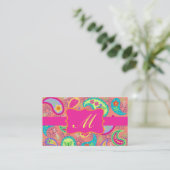 Coral Fuchsia Pink Modern Paisley Monogram Visitekaartje (Staand voorkant)