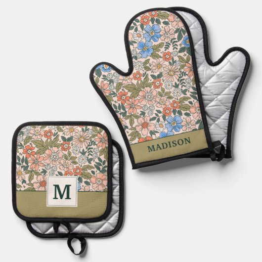 Coral Garden Flower Pattern Ovenwant & Pannenlap Set (Voorkant / Achterkant)