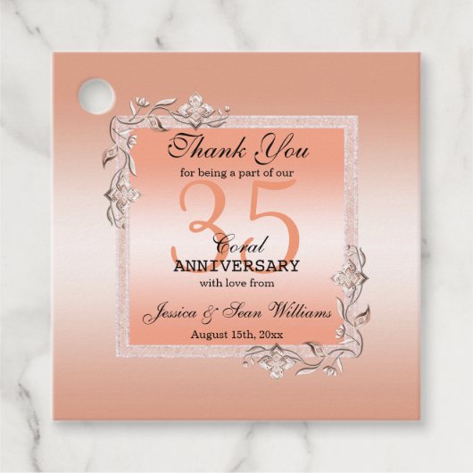 Coral Gem & Glitter 35e huwelijksverjaardag Bedankjes Labels (Voorkant)