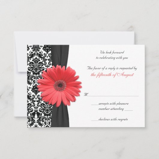 Coral Gerber Daisy Damask Wedding Reply Kaart REV (Voorkant)