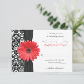 Coral Gerber Daisy Damask Wedding Reply Kaart REV (Staand voorkant)