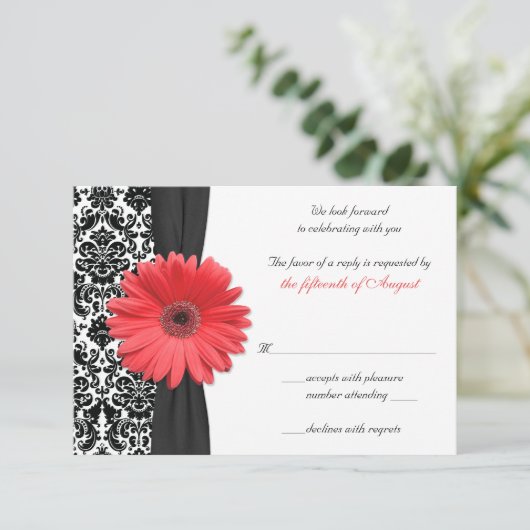 Coral Gerber Daisy Damask Wedding Reply Kaart REV (Staand voorkant)