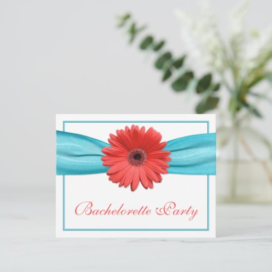Coral Gerbera Daisy Aqua Ribbon Bachelorette Party Kaart (Staand voorkant)