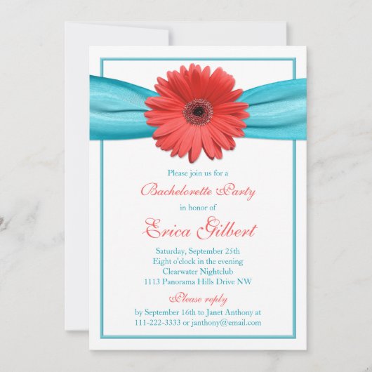 Coral Gerbera Daisy Aqua Ribbon Bachelorette Party Kaart (Voorkant)