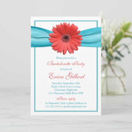 Coral Gerbera Daisy Aqua Ribbon Bachelorette Party Kaart (Staand voorkant)