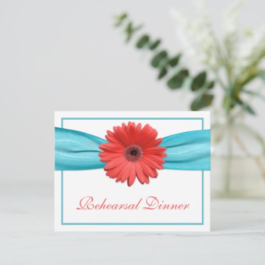 Coral Gerbera Daisy Aqua Ribbon repesal Dinner Kaart (Staand voorkant)