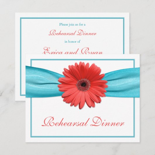 Coral Gerbera Daisy Aqua Ribbon repesal Dinner Kaart (Voorkant / Achterkant)