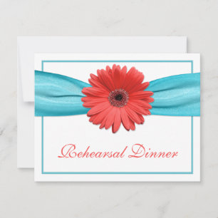 Coral Gerbera Daisy Aqua Ribbon repesal Dinner Kaart