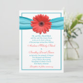 Coral Gerbera Daisy Aqua Ribbon Weddenschap Kaart (Staand voorkant)