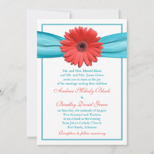 Coral Gerbera Daisy Aqua Ribbon Weddenschap Kaart