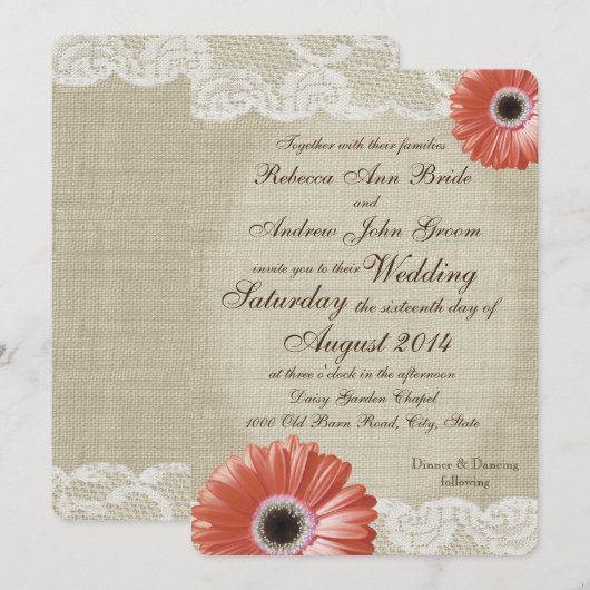  Coral Gerbera Daisy en Lace Wedding Kaart (Voorkant / Achterkant)