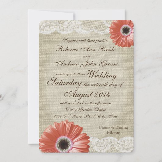  Coral Gerbera Daisy en Lace Wedding Kaart (Voorkant)