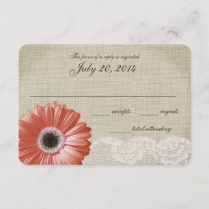 Coral Gerbera Daisy en Lace Wedding Response Card RSVP Kaartje