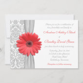 Coral Gerbera Daisy Gray Damask Wedding Invitation Kaart (Voorkant)