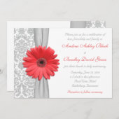 Coral Gerbera Daisy Gray Damask Wedding Invitation Kaart (Voorkant / Achterkant)