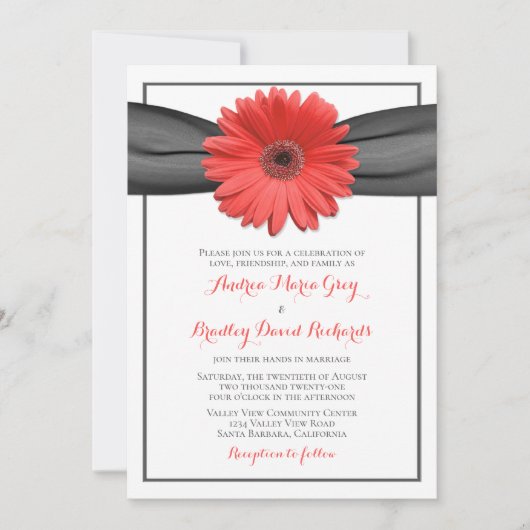 Coral Gerbera Daisy Gray Ribbon Invitation Kaart (Voorkant)