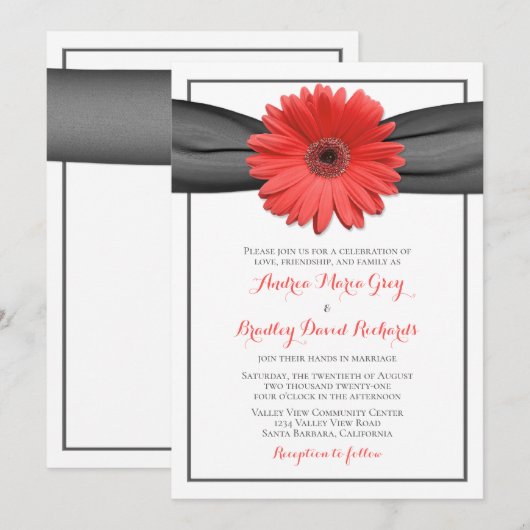 Coral Gerbera Daisy Gray Ribbon Invitation Kaart (Voorkant / Achterkant)