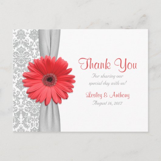 Coral Gerbera Daisy Grey Damask Bruiloft Dank u Briefkaart (Voorkant)