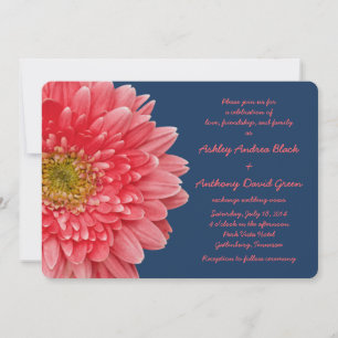 Coral Gerbera Daisy Navy Blue Wedding Invitation Kaart