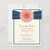 Coral Gerbera Daisy Navy Ribbon Save the Date Kaar (Voorkant)