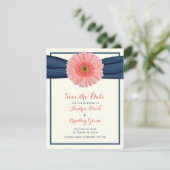Coral Gerbera Daisy Navy Ribbon Save the Date Kaar (Staand voorkant)