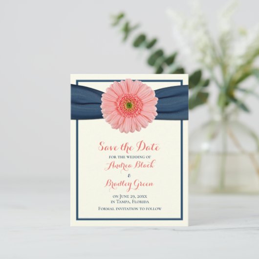 Coral Gerbera Daisy Navy Ribbon Save the Date Kaar (Staand voorkant)
