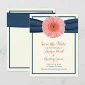 Coral Gerbera Daisy Navy Ribbon Save the Date Kaar (Voorkant / Achterkant)