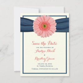 Coral Gerbera Daisy Navy Ribbon Save the Date Kaar