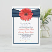 Coral Gerbera Daisy Navy Ribbon Wedding Invitation Kaart (Staand voorkant)