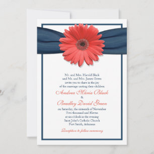 Coral Gerbera Daisy Navy Ribbon Wedding Invitation Kaart