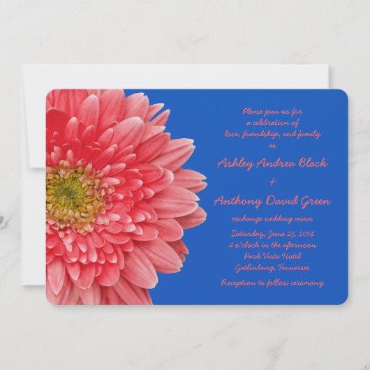 Coral Gerbera Daisy Royal Blue Wedding Invitation Kaart (Voorkant)