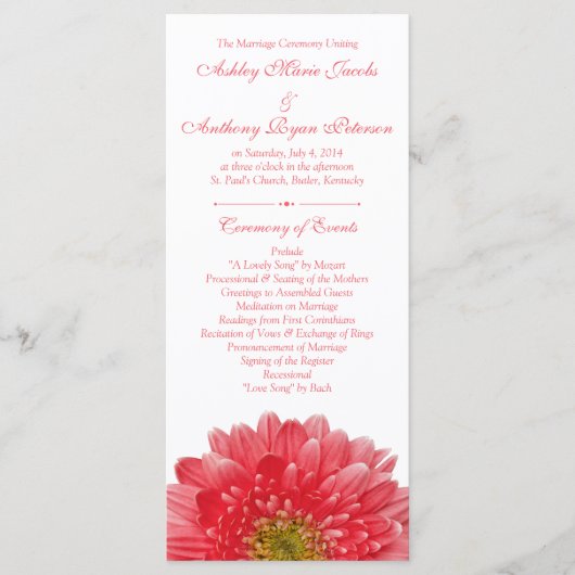 Coral Gerbera Daisy White Wedding Program Programmakaart (Voorkant)