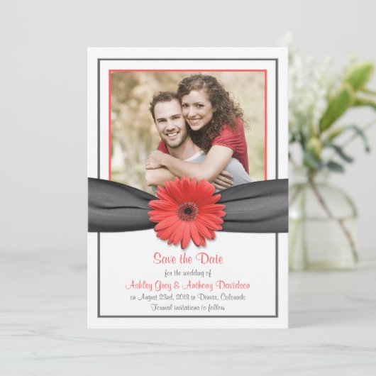 Coral Gerbera Grey Ribbon Wedding Save the Date (Staand voorkant)