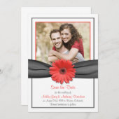Coral Gerbera Grey Ribbon Wedding Save the Date (Voorkant / Achterkant)