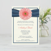 Coral Gerbera Navy Ribbon Bridal Shower Kaart (Staand voorkant)
