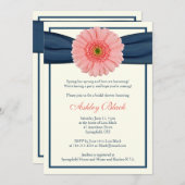 Coral Gerbera Navy Ribbon Bridal Shower Kaart (Voorkant / Achterkant)