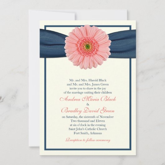 Coral Gerbera Navy Ribbon Wedding Invitation Kaart (Voorkant)
