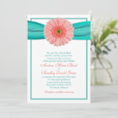 Coral Gerbera Turquoise Ribbon Wedding Invitation Kaart (Staand voorkant)