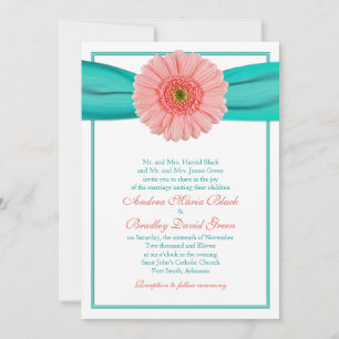 Coral Gerbera Turquoise Ribbon Wedding Invitation Kaart