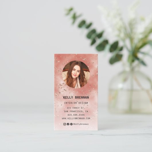 Coral Glitter Foto Visitekaartje met QR Code (Staand voorkant)