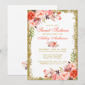 Coral Gold Glitter Floral Sweet 16 Birthday Invite Kaart (Voorkant / Achterkant)