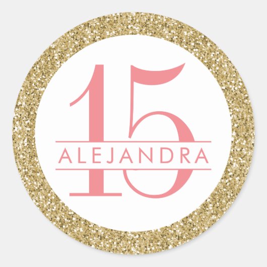 Coral Gold Glitter Quince Años Favor Sticker Label (Voorkant)